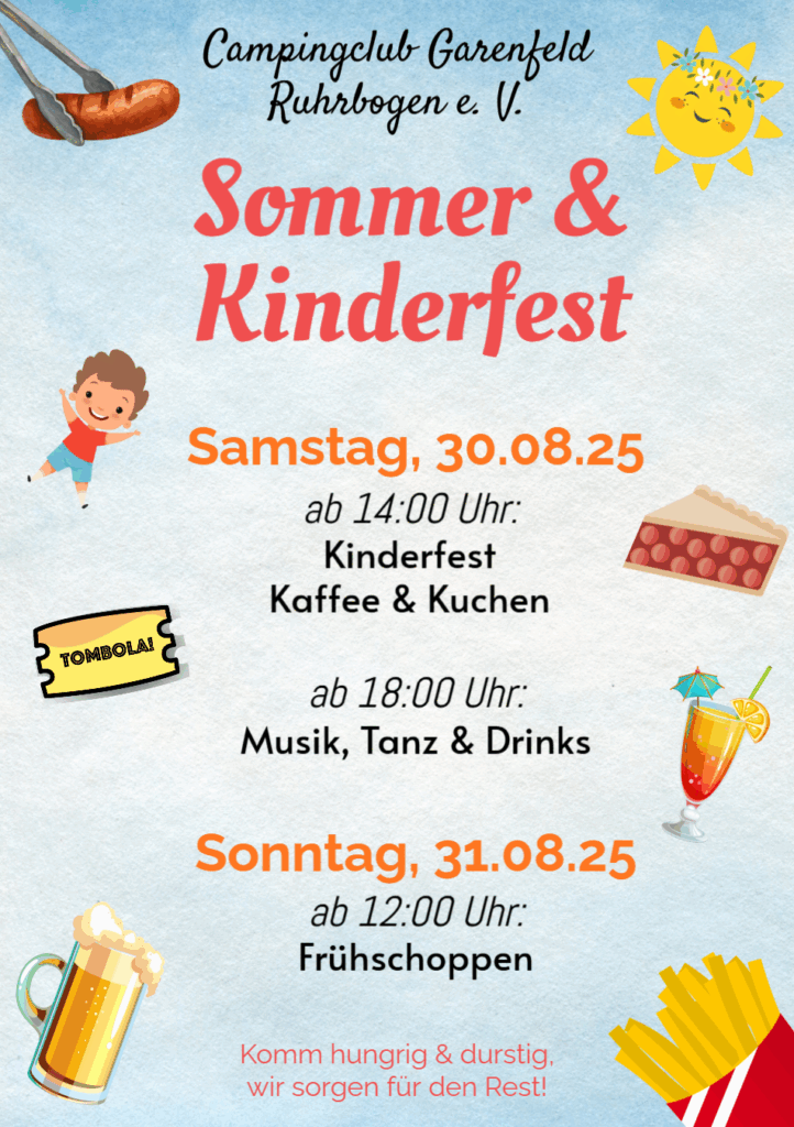 Samstag, 30.08.2025
ab 14:00 Uhr:
Kinderfest
Kaffee & Kuchen

ab 18:00 Uhr:
Musik, Tanz & Drinks

Sonntag, 31.08.2025
ab 12:00 Uhr:
Frühschoppen

Komm hungrig & durstig, wir sorgen für den Rest!